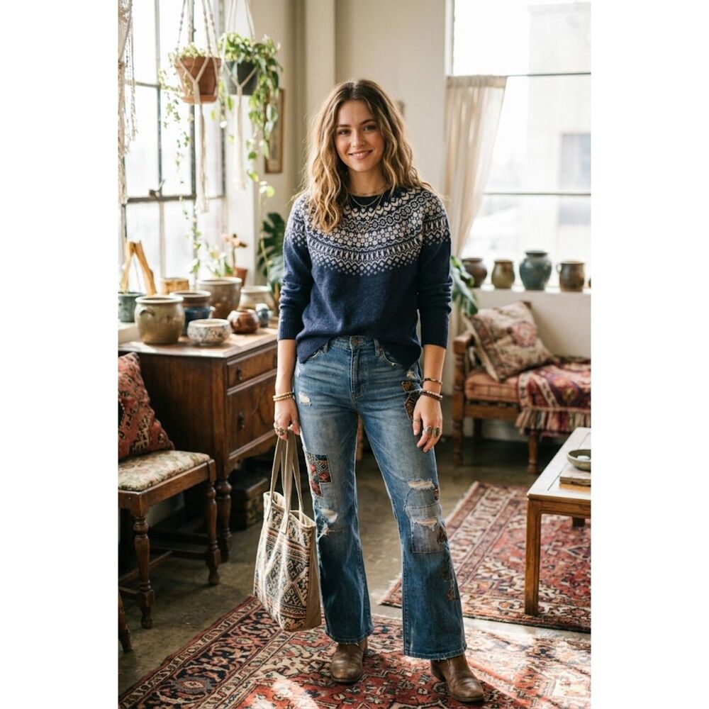 Tabitha Webb fair isle sweater lambswool blend size small navy cream